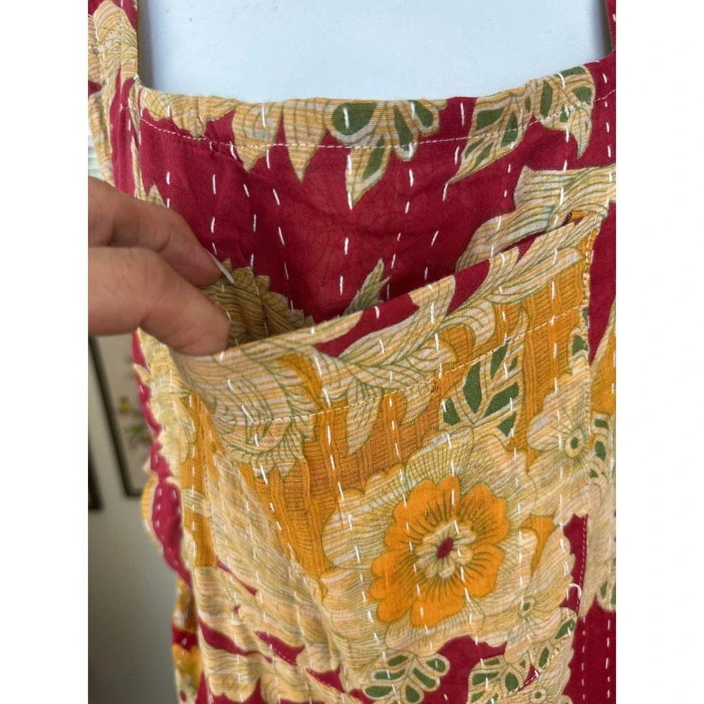Kantha Karma NWOT Quilted Overalls Size L-XL Gold Floral Patchwork Handcrafted‎
